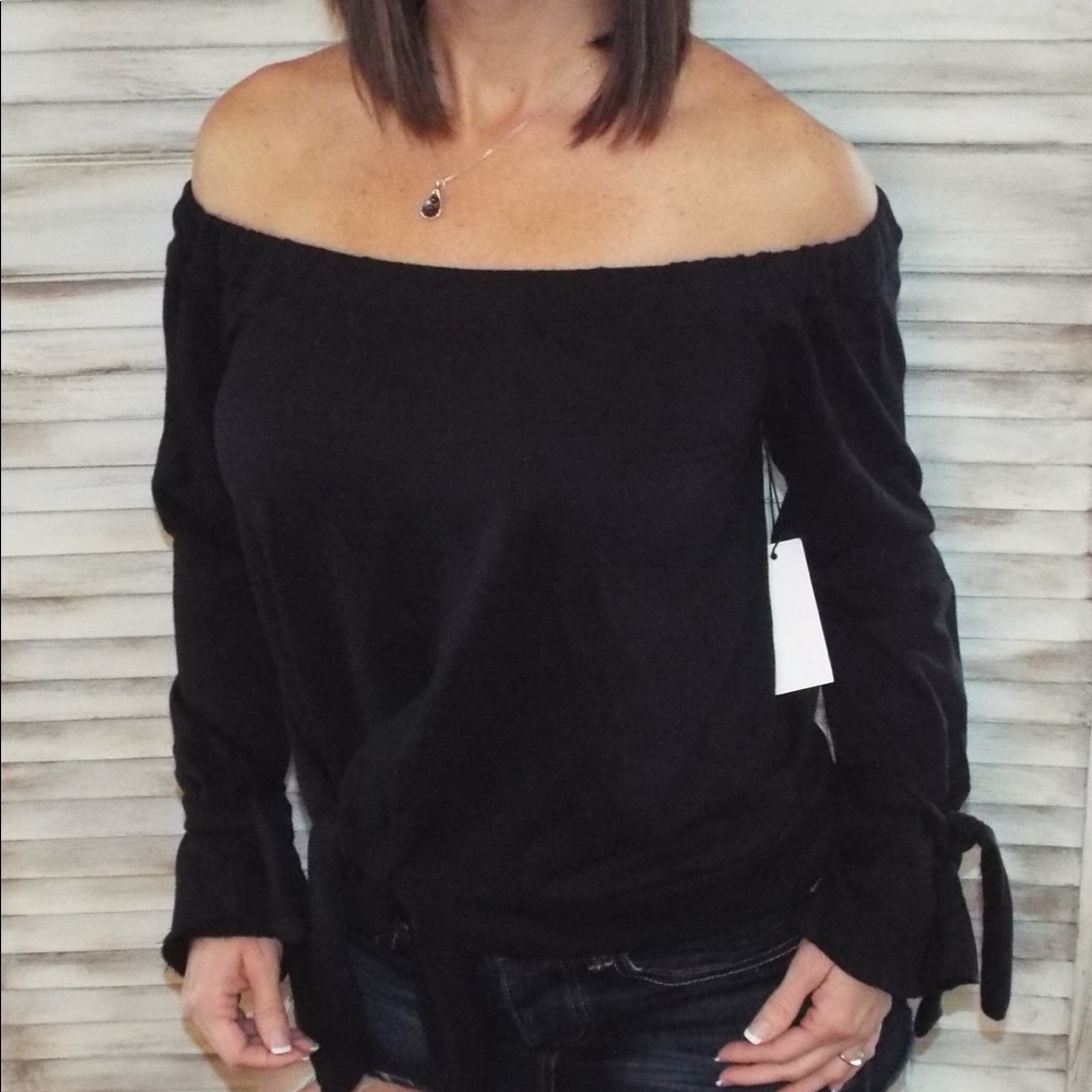 Off Shoulder Tie Sleeve Bell Cuff Black 0118 - Picture 2 of 7